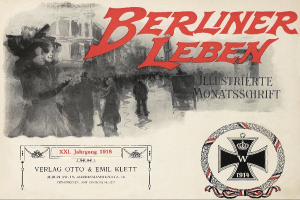 Ein altes Buchcover mit einer Gruppe feiernder Menschen, dem Text "Berliner Leben" und einem Logo, das mit der deutschen Militär in Verbindung steht.