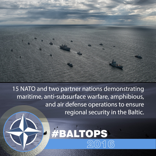 Gruppe von Schiffen auf dem Wasser mit bewölktem Himmel, mit Text und Logo über NATO-Maritime- und Verteidigungsoperationen im Baltikum.