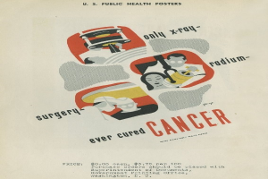 Plakat mit einem Mann in einem weißen Laborkittel und Stethoskop, der entschlossen aussieht, vor einem hellrosa Hintergrund mit großer weißer Schrift, die "Chirurgie Hat Krebs Jeweils Geheilt."