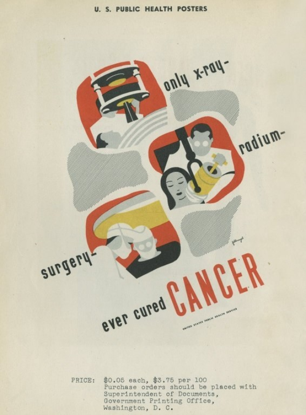 Plakat mit einem Mann in einem weißen Laborkittel und Stethoskop, der entschlossen aussieht, vor einem hellrosa Hintergrund mit großer weißer Schrift, die "Chirurgie Hat Krebs Jeweils Geheilt."