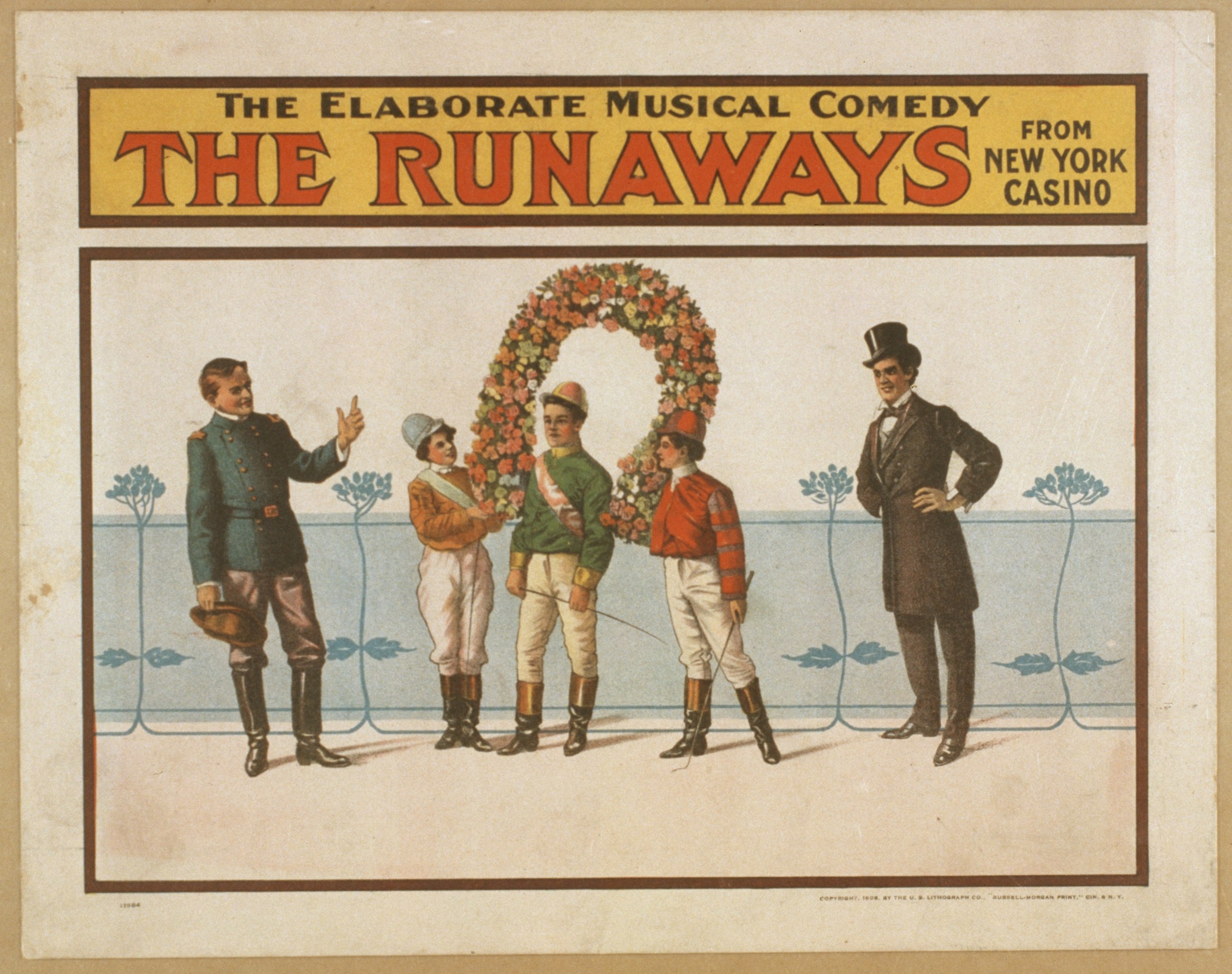 Plakat für "Elaborate Musical Comedy Runaways" aus dem New Yorker Casino, das eine Reihe von Menschen zeigt, von denen einer einen Blumenstrauß hält und Text, der die Komödie beschreibt.