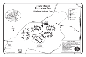 Schwarze und weiße Karte des Tracy Ridge Freizeitgebiets mit Wanderwegen, Parks, Sehenswürdigkeiten und beschrifteten Bereichen.