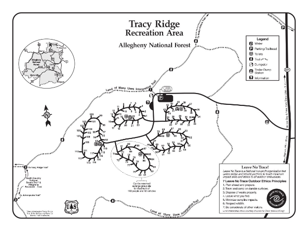Schwarze und weiße Karte des Tracy Ridge Freizeitgebiets mit Wanderwegen, Parks, Sehenswürdigkeiten und beschrifteten Bereichen.