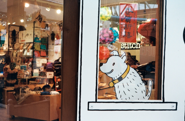 Eine Illustration eines Hundes mit Text auf der rechten Seite und links ein Raum mit Lampen, Flaggen, Regalen, Sofas, Kleidung, Deko, Menschen, Stühlen und diversen anderen Gegenständen.