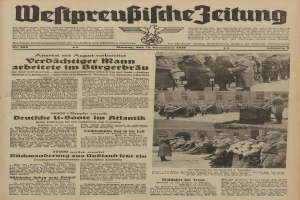 Schwarze Titelseite einer deutschen Zeitung vom 13. November 1939 mit der Überschrift "Weitpreubliche Zeitung", die eine Gruppe von Menschen in traditioneller deutscher Tracht in einer feierlichen Atmosphäre zeigt.