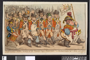 Eine Gruppe von Männern in Militäruniformen marschiert auf einer Straße, einer hält einen Stock und unten steht 'Ergänzungsmilitär, zum 20-tägigen Vergnügen'.