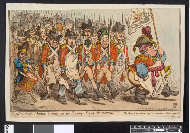 Eine Gruppe von Männern in Militäruniformen marschiert auf einer Straße, einer hält einen Stock und unten steht 'Ergänzungsmilitär, zum 20-tägigen Vergnügen'.