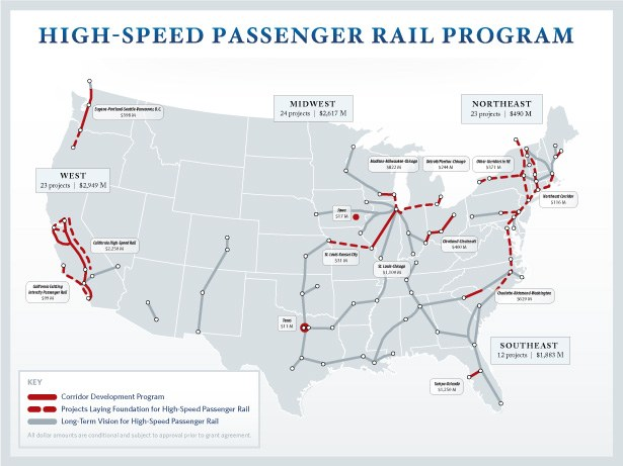 Ein Plakat, das eine detaillierte Karte des U.S.-Hochgeschwindigkeits-Personenverkehrsprogramms zeigt, einschließlich Routen und wichtiger Standorte, mit erklärendem Text über dessen Zweck und Funktion.