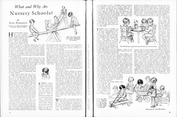 Offenes Buch mit Illustrationen von Kindern, die in einer Kita spielen, begleitet von Text und einer Tabelle von Gegenständen.