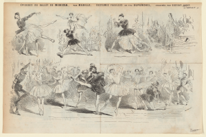 Eine Seite aus einem Buch mit einer Zeichnung einer Gruppe von Menschen in lebendigen, energischen Posen, begleitet von Text, der das Datum, die Uhrzeit und den Ort des Ereignisses beschreibt.