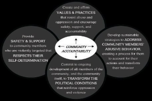 Ein Diagramm mit der Überschrift "Gemeinschaftliche Rechenschaft" mit einem zentralen Kreis, der durch Pfeile mit drei überlappenden Kreisen verbunden ist, alles in starken, leuchtenden Farben.