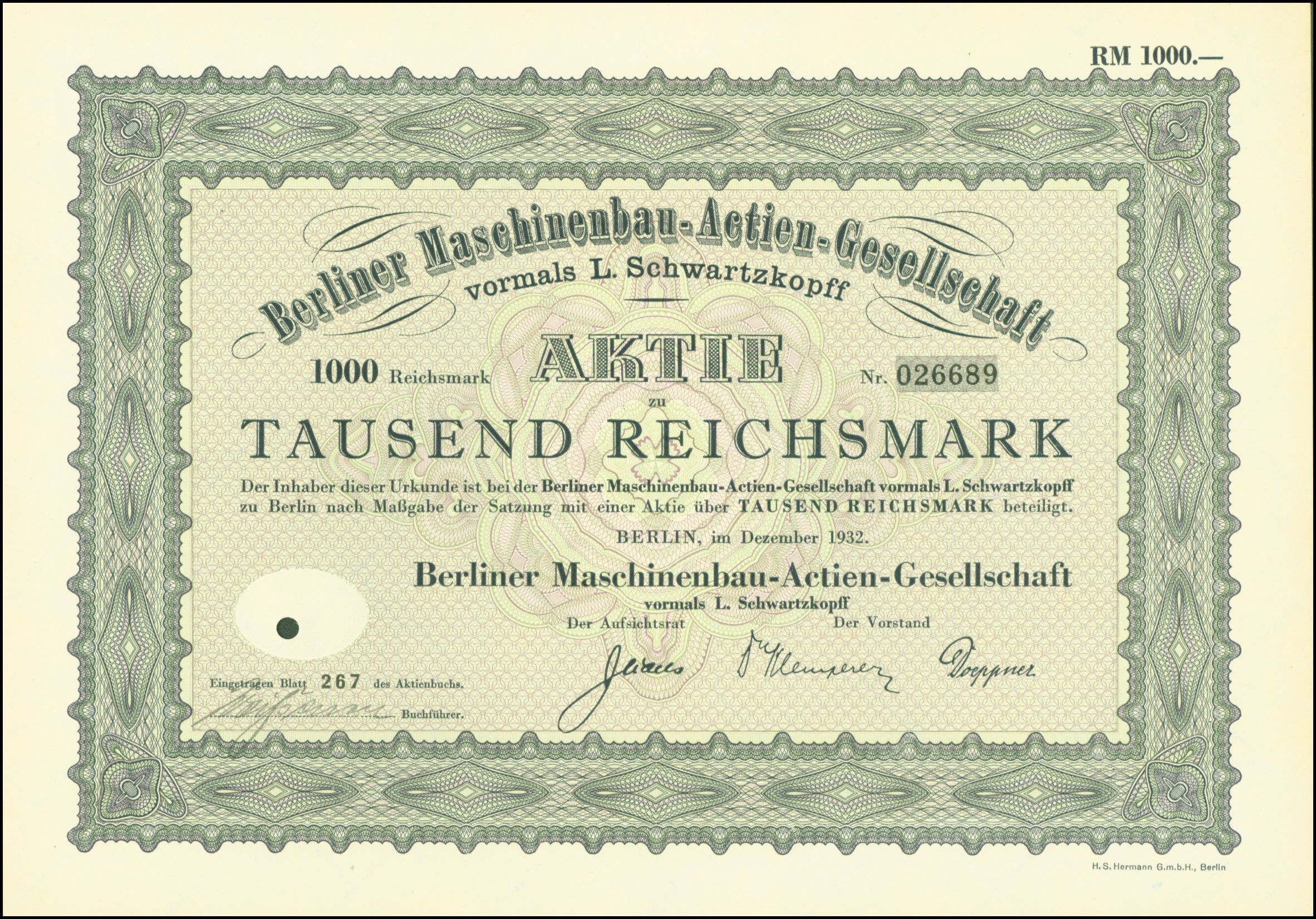 Altes deutsches Regierungsaktienzertifikat mit schwarzem und grünem Rand, das gedruckten Text enthält.