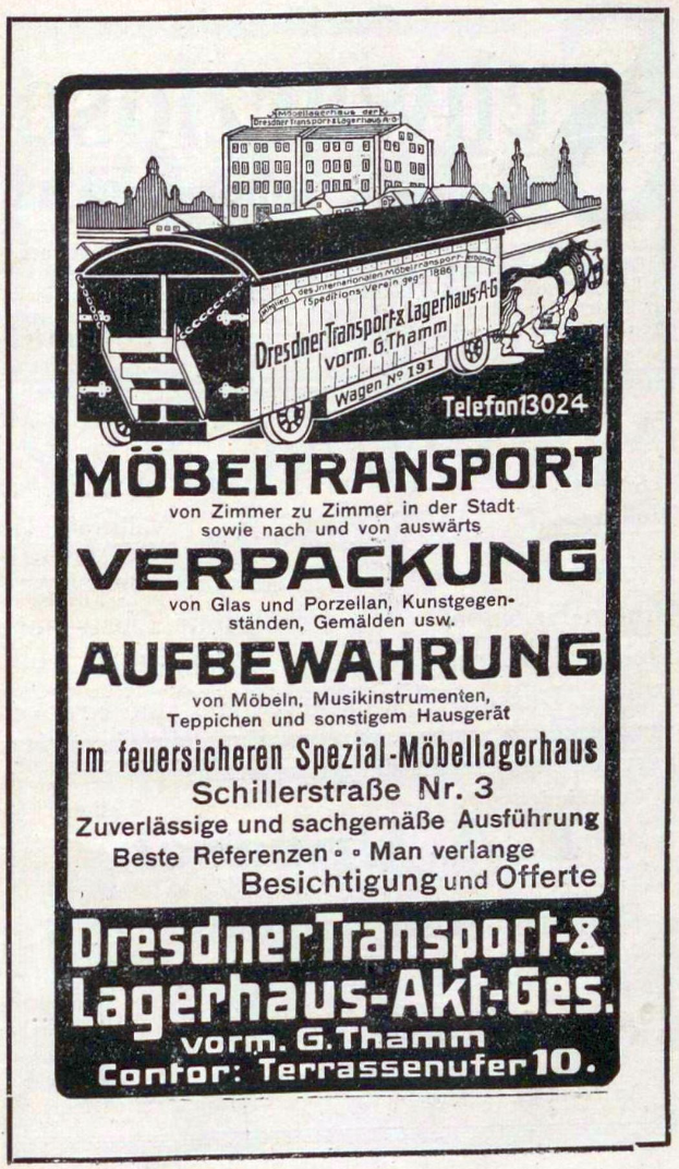 Eine Werbung mit einem Zug, Gebäuden im Hintergrund und dem Text "Dresdner Transport & Lagerhaus-Akt-Ges".
