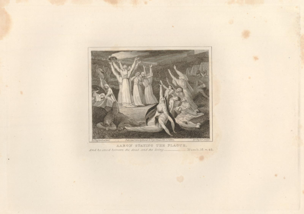 Schwarz-weißer Stich "Aaron Staying the Plague" mit verstörten Menschen auf einem Feld unter einer untergehenden Sonne.