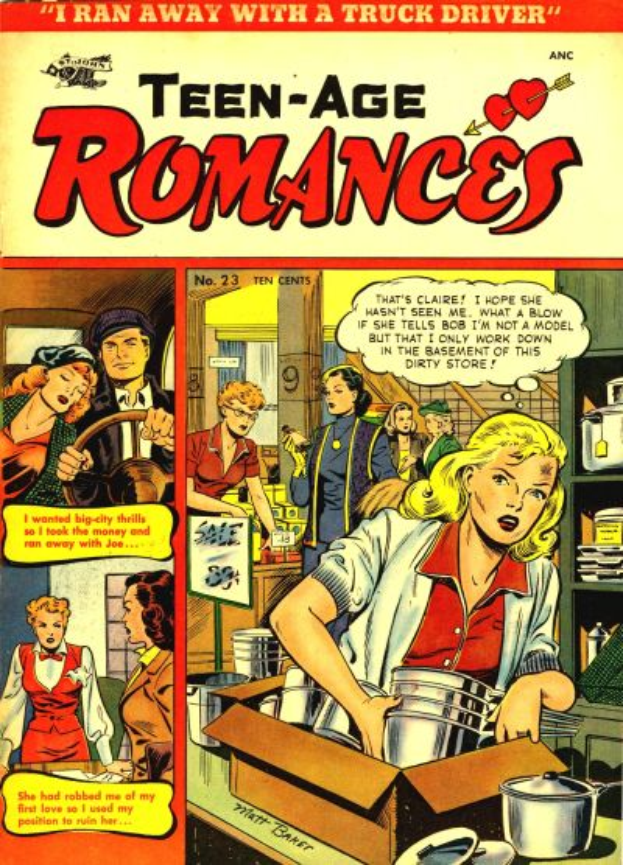Ein Plakat mit der Aufschrift "Teen-Age Romances 23-A von DC", das eine Gruppe strahlender Menschen in einer romantischen Umarmung zeigt, mit leuchtenden Farben und fetter Schrift.