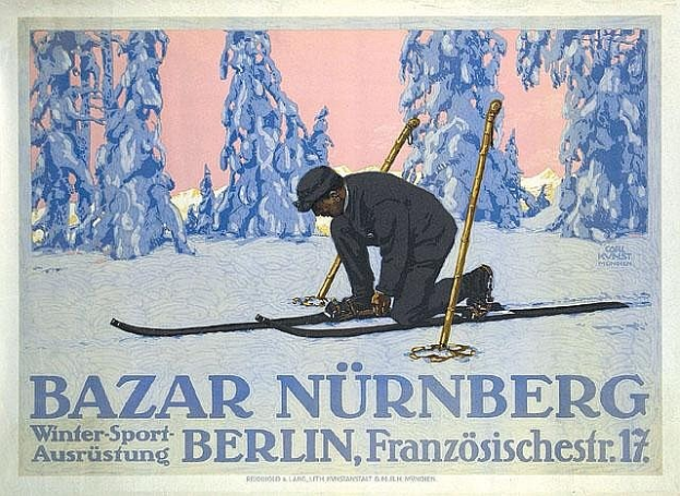 Plakat zum Bazar Nürnberg Winter Sport in Berlin, Deutschland, das eine Person auf Skiern mit Bäumen im Hintergrund und Text zum Event zeigt.