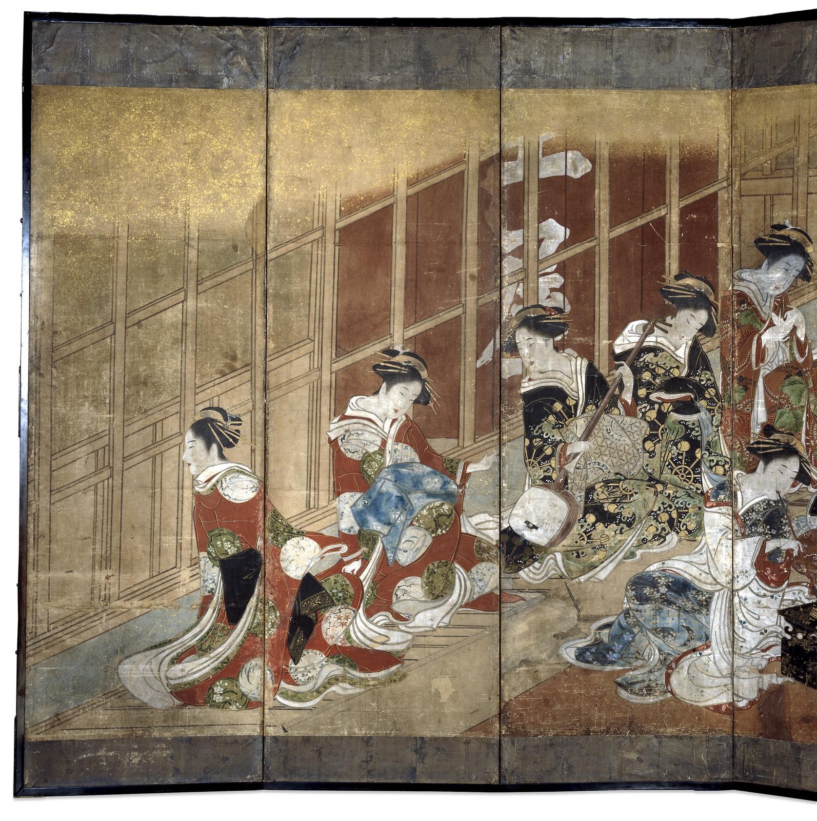 Ein japanisches Vier-Paneel-Bild aus der Meiji-Zeit, das einen Kreis von Frauen in leuchtenden Kimonos vor einem tiefblauen Hintergrund zeigt, wobei eine Frau in der Mitte die Arme ausstreckt.