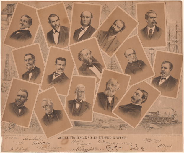 Schwarzes und weißes Foto einer Gruppe von formell gekleideten Personen, beschriftet mit "Millionäre der Vereinigten Staaten" in fetter schwarzer Schrift unten.