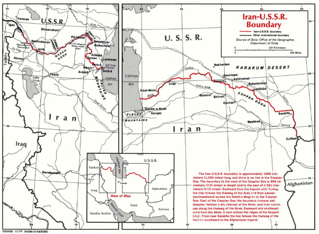 Detailierte Kartenvorlage der iranisch-sowjetischen Grenze, die geografische Merkmale, Landesgrenzen und zusätzliche Textinformationen zeigt.