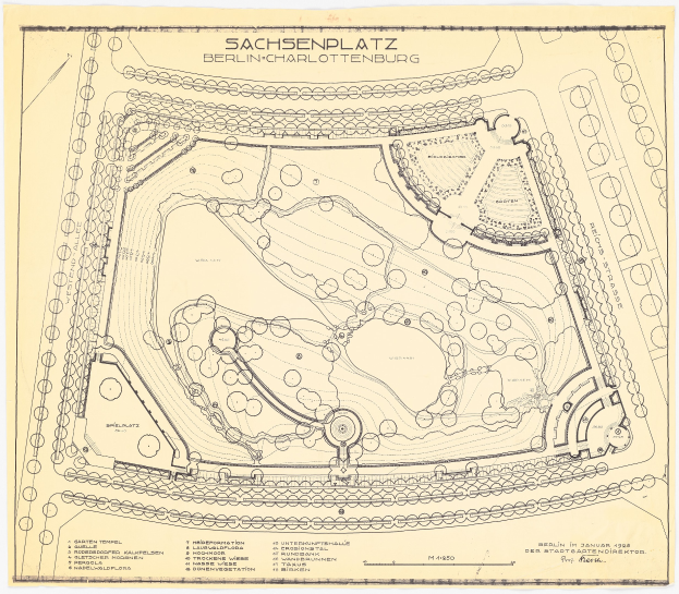 Detailiertes altes Stadtplan von Sachsenplatz-Park in Berlin, Deutschland, mit Textanmerkungen.