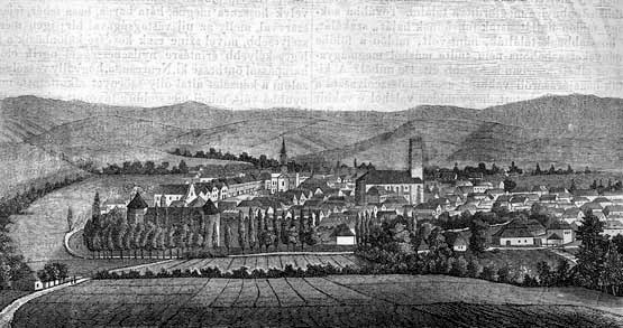 Eine Schwarz-Weiß-Zeichnung einer kleinen Stadt in einem Tal umgeben von Bäumen und Hügeln, mit dem Text "Bayern, Deutschland, 1857" oben.