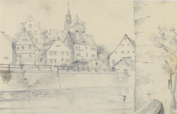 Ein Bleistift-Zeichnung betitelt "Nürnberg, Deutschland" von Joseph Mallord William Turner, zeigt eine Stadtansicht mit einem Fluss, Gebäuden, Bäumen und einer Brücke.