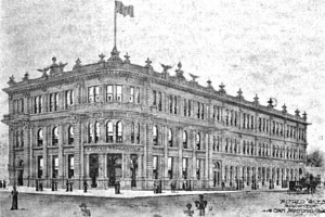 Schwarze und weiße Zeichnung des New York State Capitol Building mit einer Fahne oben, umgeben von Bäumen und Menschen, beschriftet unten.