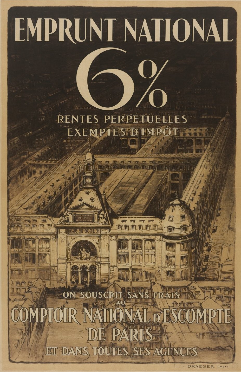 Plakat mit einem großen, zweistöckigen Gebäude mit rotem Dach und weißen Wänden, das eine "6% nationale Anleihe - steuerfreie lebenslange Renten" in fetter schwarzer Schrift auf einem hellblauen Hintergrund ankündigt.