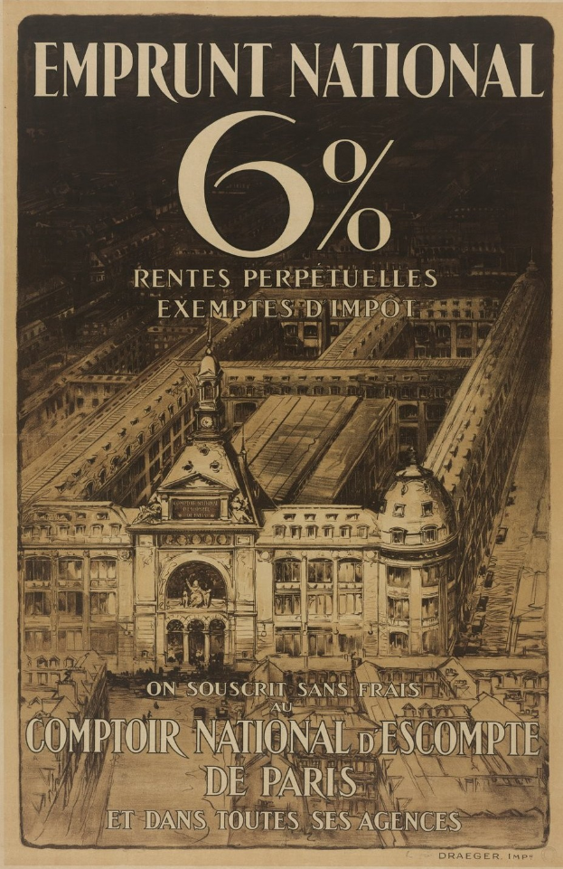 Plakat mit einem großen, zweistöckigen Gebäude mit rotem Dach und weißen Wänden, das eine "6% nationale Anleihe - steuerfreie lebenslange Renten" in fetter schwarzer Schrift auf einem hellblauen Hintergrund ankündigt.