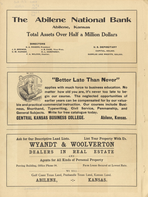 Schwarze und weiße Zeitungsanzeige für die Abilene National Bank mit einem zentralen Porträt und Text über Bankdienstleistungen.