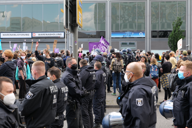 Große Menschenmenge vor einem Gebäude protestierend, einige mit Schildern und Helmen, mit einem Pfahl und Schild im Vordergrund und einem Baum im Hintergrund.