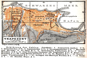 Ein detaillierter alter Stadtplan von Trapezunt, Deutschland, der Straßen, Gebäude, Sehenswürdigkeiten und Text enthält, der Informationen über die Bevölkerung, Straßen und Sehenswürdigkeiten der Stadt bereitstellt.