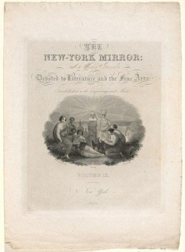 Eine Zeitschrift mit einer Zeichnung von Menschen in traditioneller Kleidung, die den Text "The New York Mirror: Devoted to Literature and the Fine Arts" bewundern, in einem dekorativen Rahmen auf einem hellblauen Hintergrund.