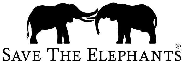 Zwei Elefanten mit verschlungenen Rüsseln blicken gegen einen hellblauen Hintergrund, mit "Save the Elephants" in fetter weißer Schrift darüber.