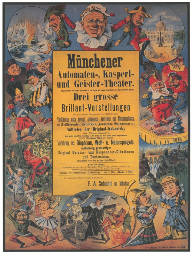 Alter deutscher Filmplakat für "Munchener Automaten-Kasperl- und Geister-Theater" mit einer Gruppe farbig gekleideter Menschen umgeben von Text.