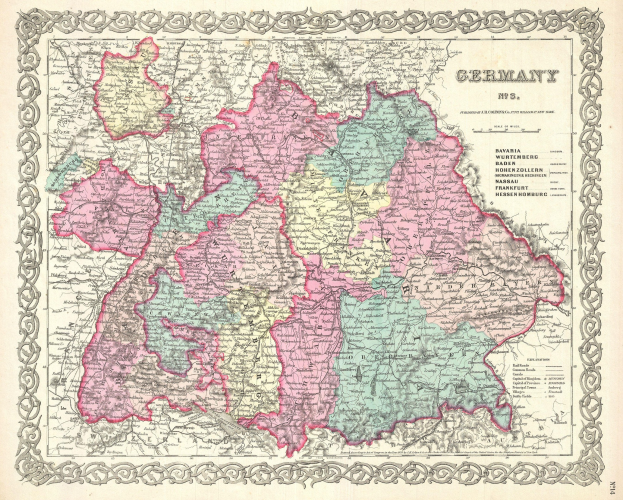 Alte Deutschlandkarte, die die Provinzen Bayern, Baden-Württemberg und Baden zeigt, auf Papier gedruckt mit Text, der die Regionen beschreibt.