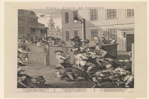 Eine Gruppe von Menschen und Tieren versammelt sich vor einem Gebäude mit Fenstern und einer Straßenlaterne, mit einem Himmel im Hintergrund und dem Text "Erste Stufe der Grausamkeit" unten.