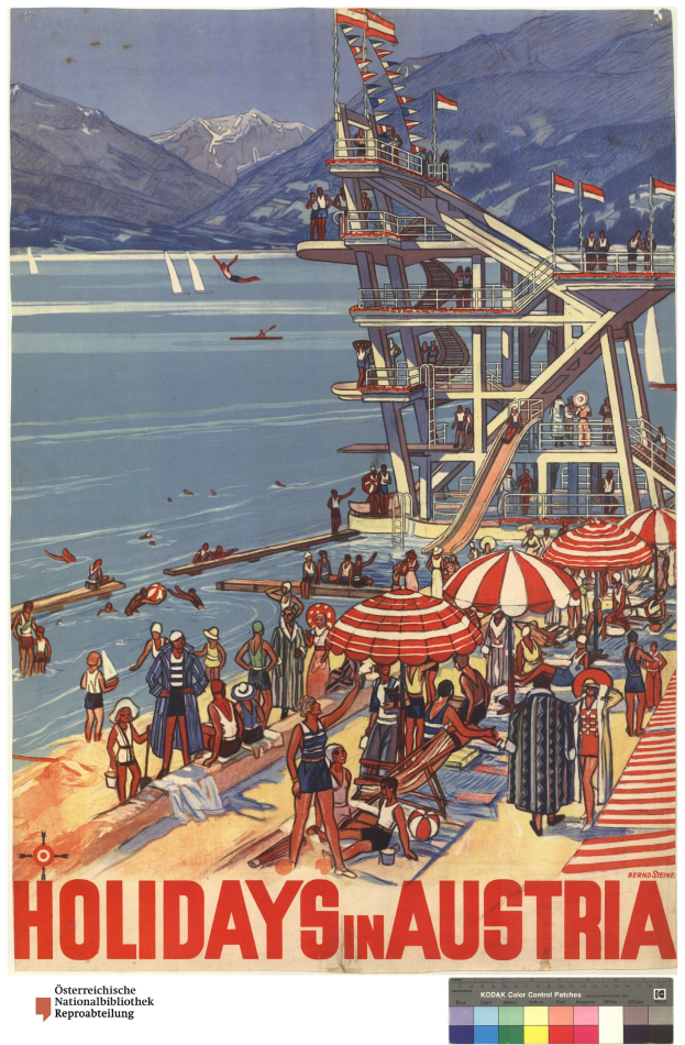 Plakat, das Urlaube in Österreich bewirbt, mit Menschen am Strand mit Schirmen, einem Schiff im Hintergrund, Fahnen und fernen Bergen.