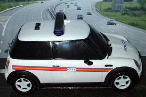 Ein weißer Polizeiwagen steht im Vordergrund, hinter ihm fahren viele Autos auf der Straße, umgeben von Gras und Bäumen auf beiden Seiten.