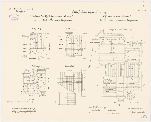 Ein detaillierter architektonischer Grundriss des ehemaligen Bundeskanzleramts in der Bundesrepublik Deutschland, der komplexe Layouts und Anmerkungen zeigt.