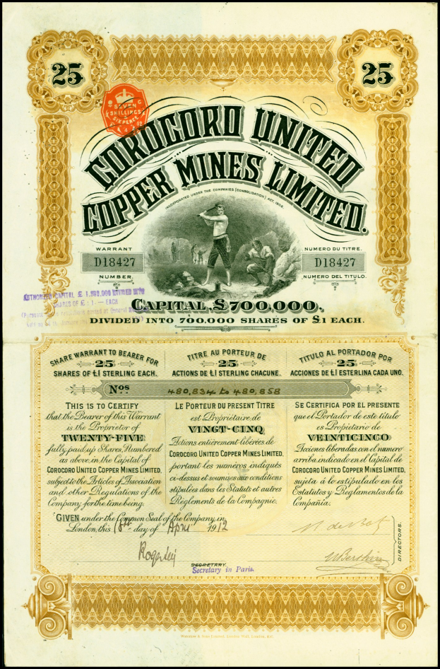 Altes Aktienzertifikat der Corrugord United Copper Mines Limited mit einem Mann im Anzug und Krawatte, dem Firmennamen in fetter Schrift, einem Datum und einer Unterschrift unten.