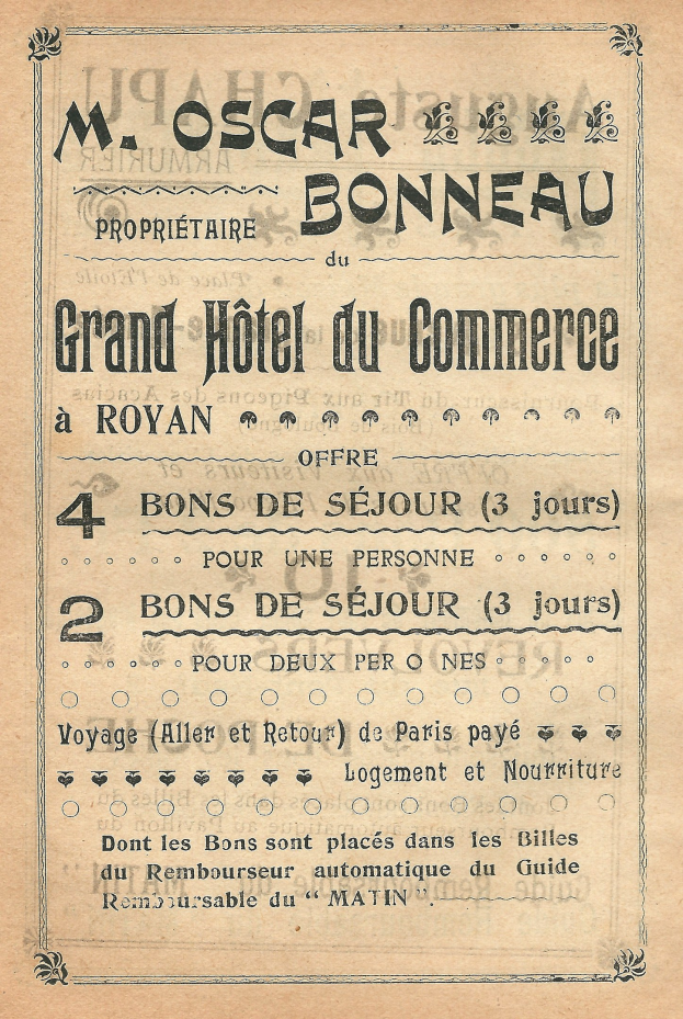 Schwarze und weiße Werbung für das Grand Hotel du Commerce in Paris, die den Text der Hoteldienstleistungen anpreist.