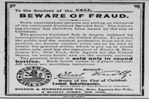 Ein Schwarz-Wei├č-Plakat mit einer Betrugswarnung, das den Text "Carlsbad Spruud Salt" und ein Firmenlogo zeigt.