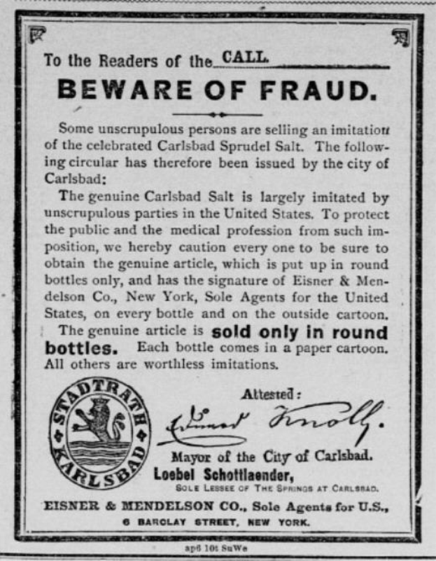 Ein Schwarz-Wei├č-Plakat mit einer Betrugswarnung, das den Text "Carlsbad Spruud Salt" und ein Firmenlogo zeigt.