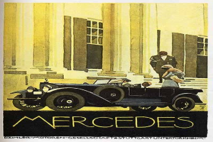 Vintage-Plakat aus den 1920er-Jahren von Mercedes-Benz mit einem klassischen Auto mit zwei Personen vor einem modernen Gl├Ąsergeb├Ąude, mit 'Mercedes-Benz'-Text unten.