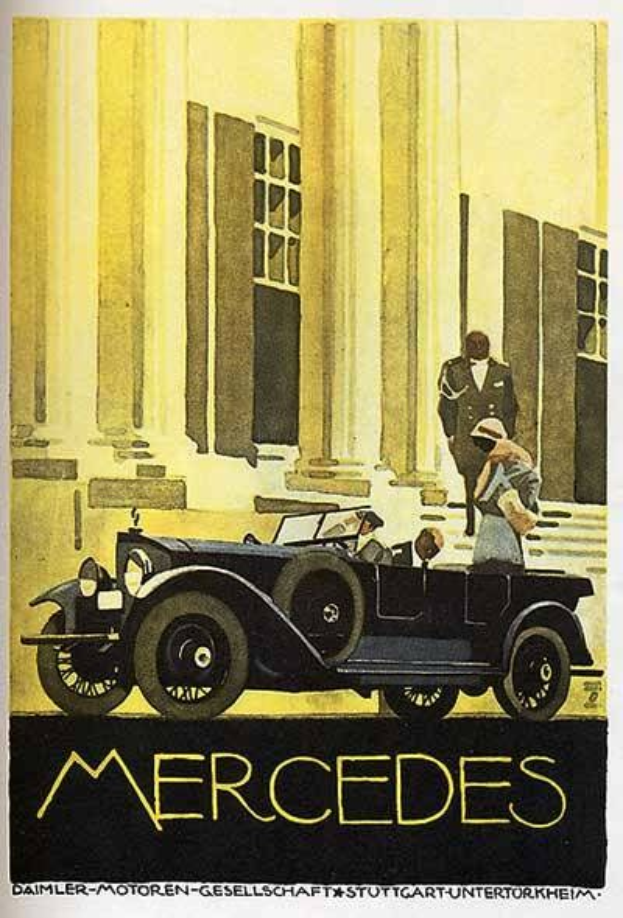 Vintage-Plakat aus den 1920er-Jahren von Mercedes-Benz mit einem klassischen Auto mit zwei Personen vor einem modernen Gl├Ąsergeb├Ąude, mit 'Mercedes-Benz'-Text unten.
