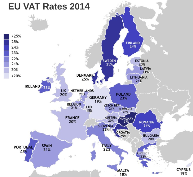 Eine Karte von Europa, die die EU-Mehrwertsteuersätze von 2014 mit Prozentangaben und Textannotationen zeigt.