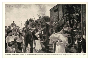 Ein Schwarz-Weiß-Foto einer Gruppe von Menschen vor einem Zug, einige halten Gegenstände, und ein Text unten, der lautet: "P.K. Schneiderstatt, 1874-1914 - Deutsch - Deutscher Bürgerkrieg".