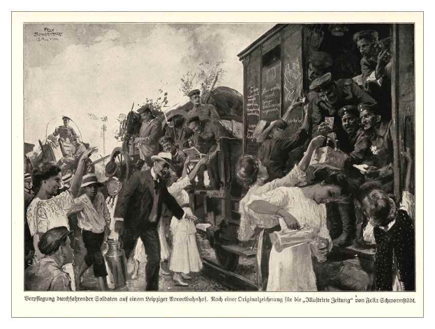 Ein Schwarz-Weiß-Foto einer Gruppe von Menschen vor einem Zug, einige halten Gegenstände, und ein Text unten, der lautet: "P.K. Schneiderstatt, 1874-1914 - Deutsch - Deutscher Bürgerkrieg".