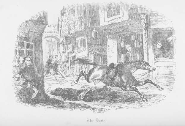 Eine Schwarz-Weiß-Zeichnung eines Pferdes, das durch eine Stadtstraße läuft, mit ein paar Menschen und Gebäuden im Hintergrund und Text unten.